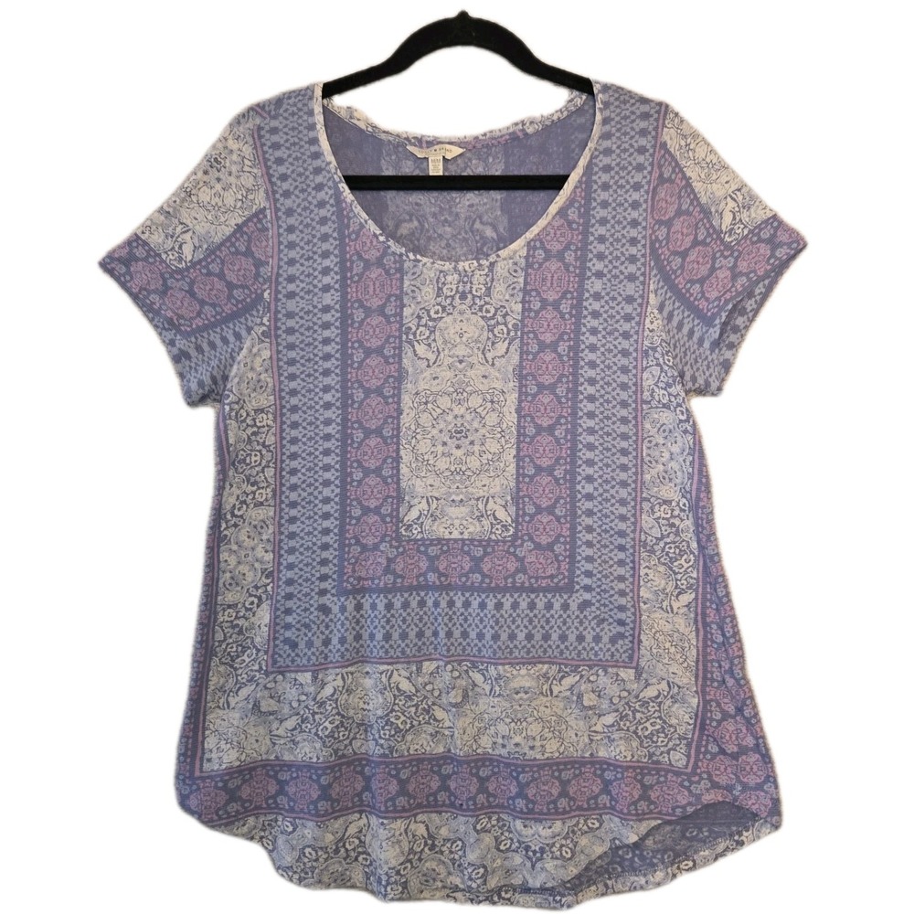 Lucky Brand Boho Short Sleeve Top Women's Medium Pink Blue Soft Cotton Blend Tee